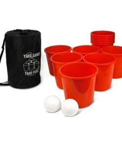 Yard Games YardGames Giant Outdoor Yard Pong Activity Party Set with 12 Buckets & 2 Balls Bundle with Giant Outdoor Indoor Wooden Dice Set with Scorecards & Case