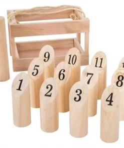 Toy Time Wooden Throwing Game for Adults and Kids - Complete Set With 12 Numbered Skittles, Throwing Dowel, and Carrying Crate