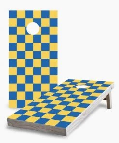 Skip's Garage Royal and Yellow Checkered Cornhole Board Set, Includes 2 Boards & 8 Bags